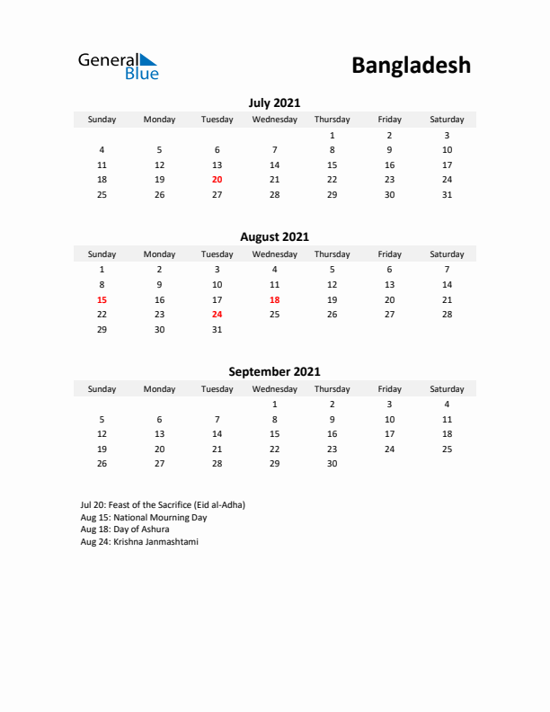 Printable Quarterly Calendar with Notes and Bangladesh Holidays- Q3 of 2021