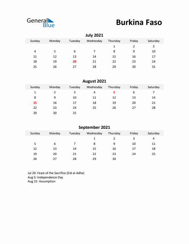 Printable Quarterly Calendar with Notes and Burkina Faso Holidays- Q3 of 2021