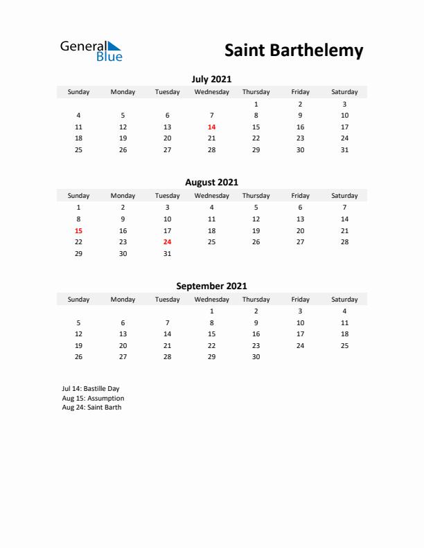 Printable Quarterly Calendar with Notes and Saint Barthelemy Holidays- Q3 of 2021