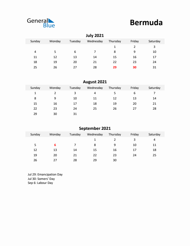 Printable Quarterly Calendar with Notes and Bermuda Holidays- Q3 of 2021