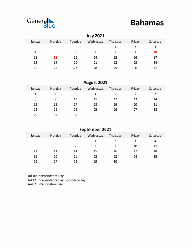 Printable Quarterly Calendar with Notes and Bahamas Holidays- Q3 of 2021