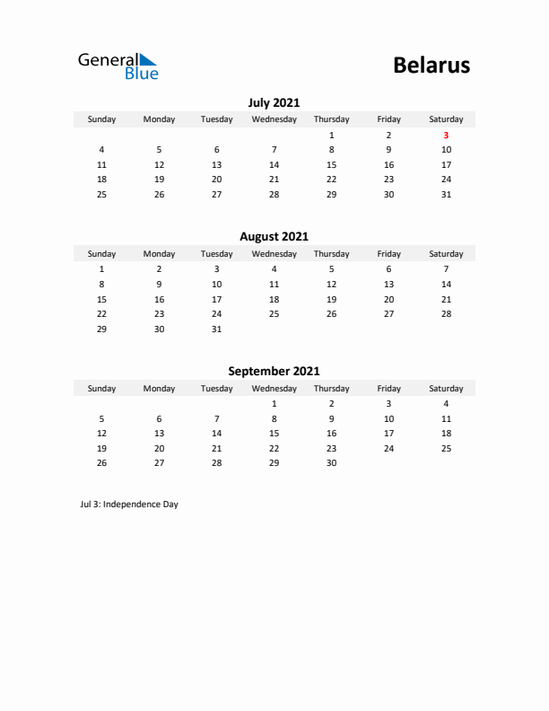 Printable Quarterly Calendar with Notes and Belarus Holidays- Q3 of 2021