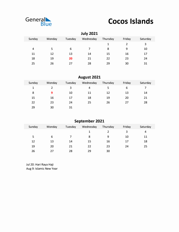 Printable Quarterly Calendar with Notes and Cocos Islands Holidays- Q3 of 2021