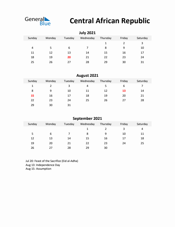 Printable Quarterly Calendar with Notes and Central African Republic Holidays- Q3 of 2021