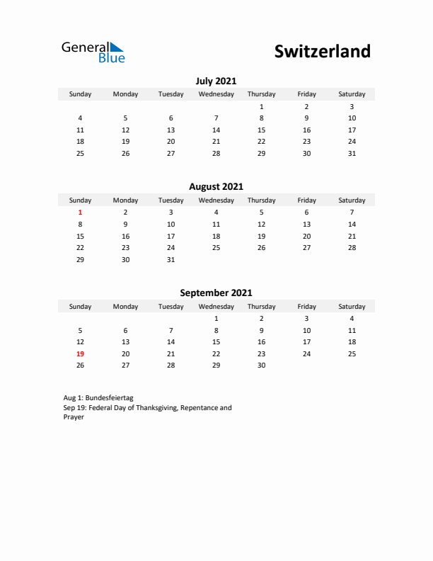 Printable Quarterly Calendar with Notes and Switzerland Holidays- Q3 of 2021