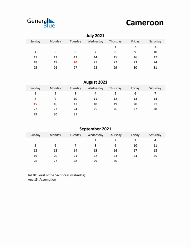 Printable Quarterly Calendar with Notes and Cameroon Holidays- Q3 of 2021