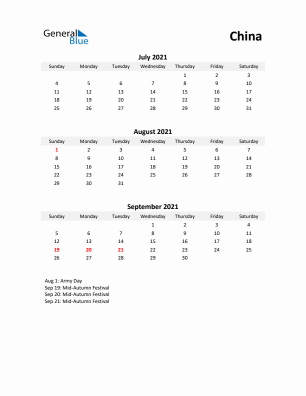 Printable Quarterly Calendar with Notes and China Holidays- Q3 of 2021