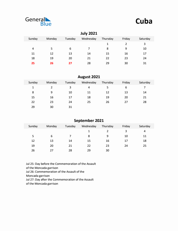 Printable Quarterly Calendar with Notes and Cuba Holidays- Q3 of 2021