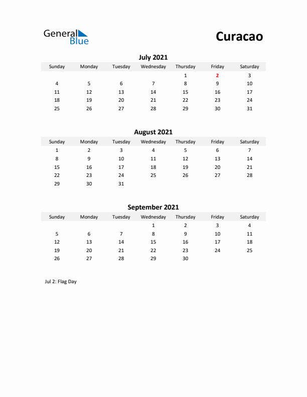 Printable Quarterly Calendar with Notes and Curacao Holidays- Q3 of 2021