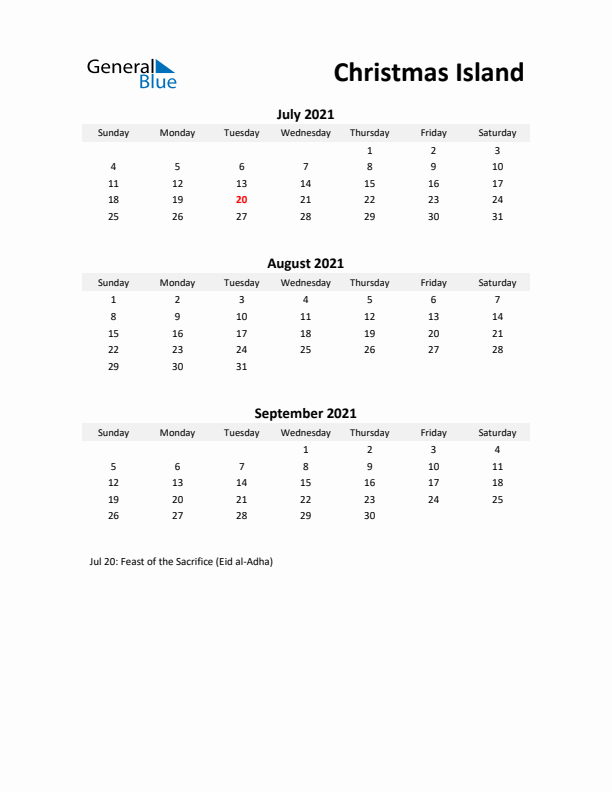 Printable Quarterly Calendar with Notes and Christmas Island Holidays- Q3 of 2021