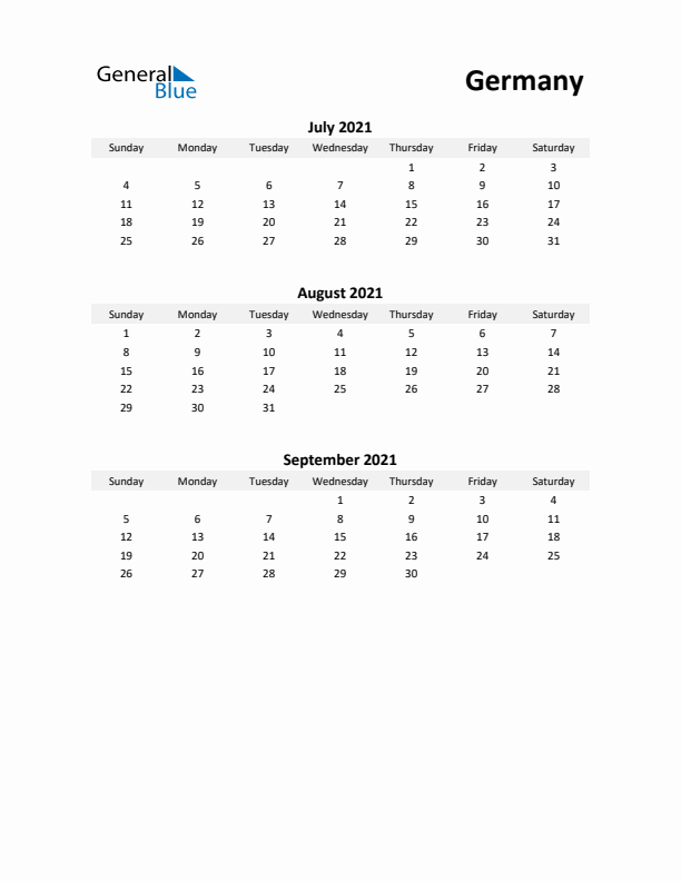 Printable Quarterly Calendar with Notes and Germany Holidays- Q3 of 2021