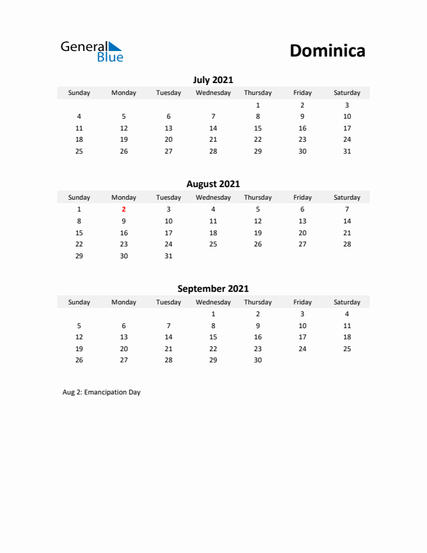 Printable Quarterly Calendar with Notes and Dominica Holidays- Q3 of 2021