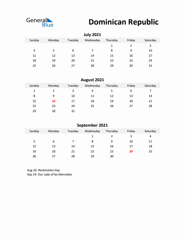 Printable Quarterly Calendar with Notes and Dominican Republic Holidays- Q3 of 2021