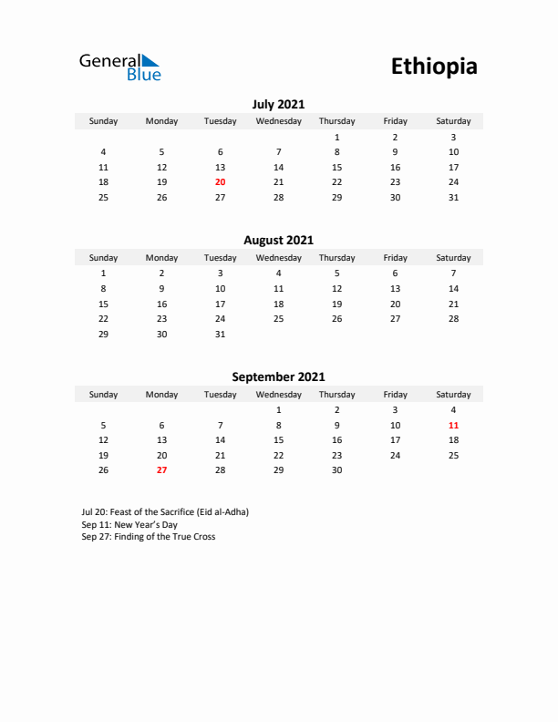 Printable Quarterly Calendar with Notes and Ethiopia Holidays- Q3 of 2021