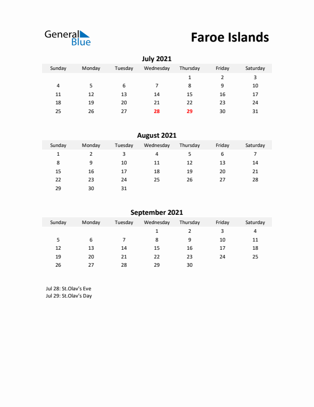 Printable Quarterly Calendar with Notes and Faroe Islands Holidays- Q3 of 2021