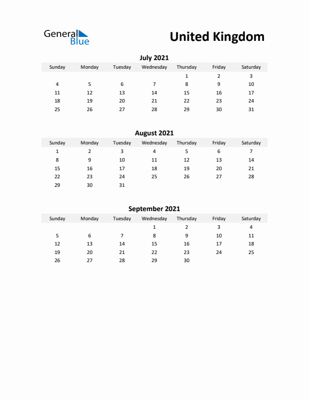 Printable Quarterly Calendar with Notes and United Kingdom Holidays- Q3 of 2021