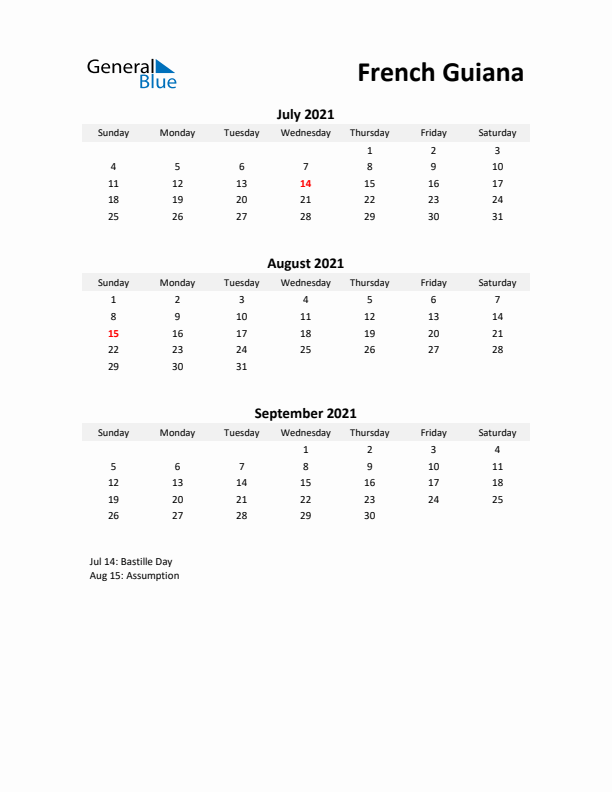 Printable Quarterly Calendar with Notes and French Guiana Holidays- Q3 of 2021