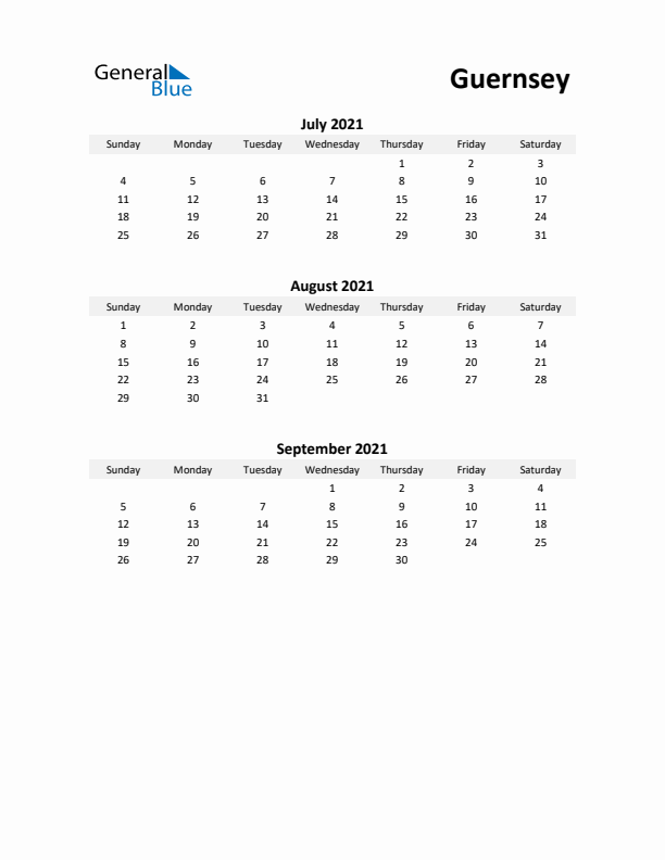 Printable Quarterly Calendar with Notes and Guernsey Holidays- Q3 of 2021