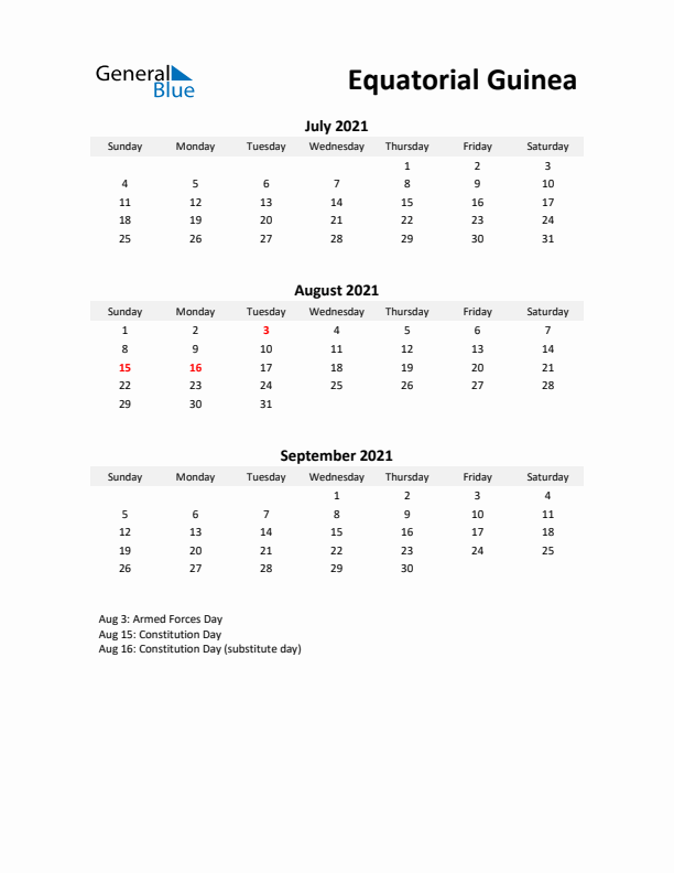 Printable Quarterly Calendar with Notes and Equatorial Guinea Holidays- Q3 of 2021