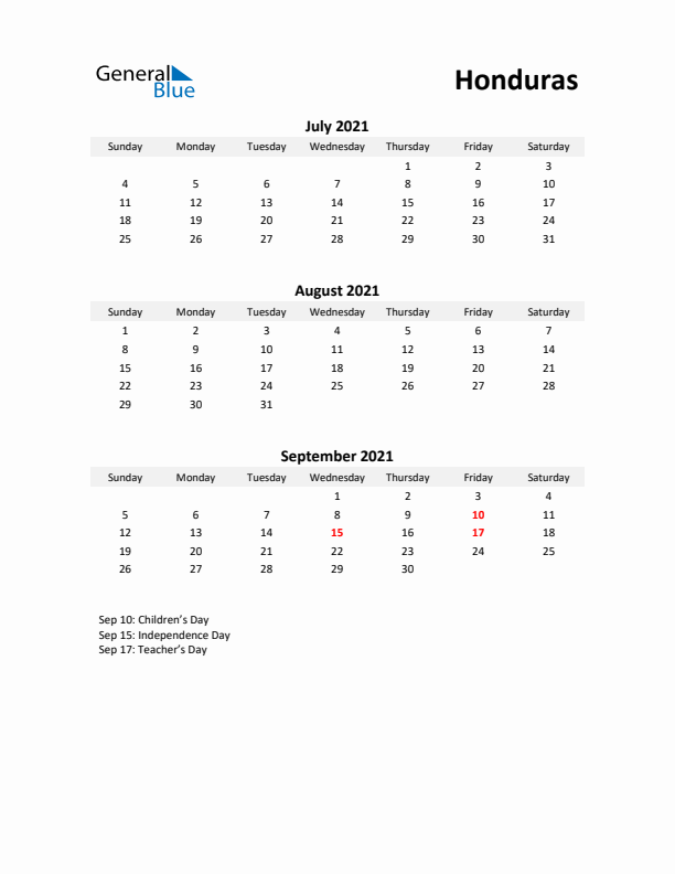 Printable Quarterly Calendar with Notes and Honduras Holidays- Q3 of 2021