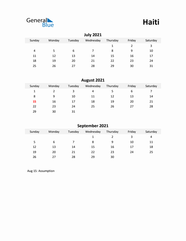 Printable Quarterly Calendar with Notes and Haiti Holidays- Q3 of 2021