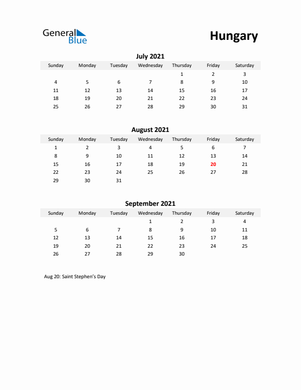 Printable Quarterly Calendar with Notes and Hungary Holidays- Q3 of 2021