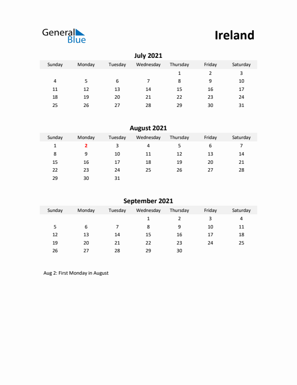 Printable Quarterly Calendar with Notes and Ireland Holidays- Q3 of 2021