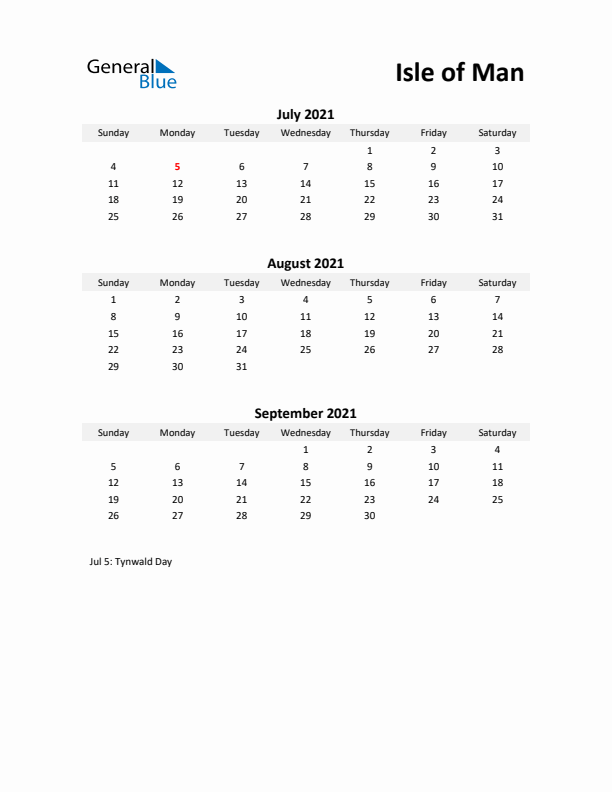 Printable Quarterly Calendar with Notes and Isle of Man Holidays- Q3 of 2021