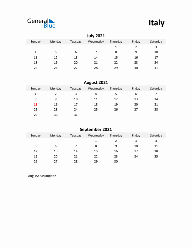 Printable Quarterly Calendar with Notes and Italy Holidays- Q3 of 2021