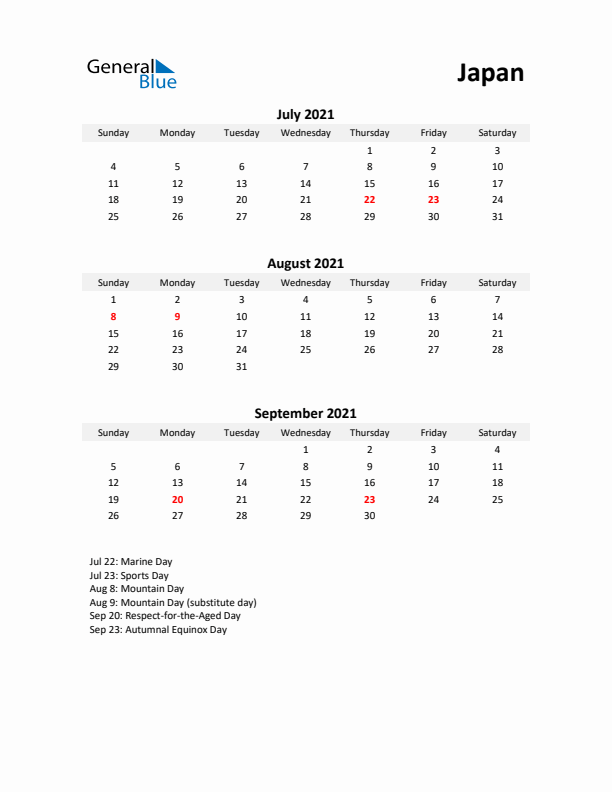 Printable Quarterly Calendar with Notes and Japan Holidays- Q3 of 2021