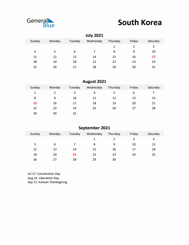 Printable Quarterly Calendar with Notes and South Korea Holidays- Q3 of 2021