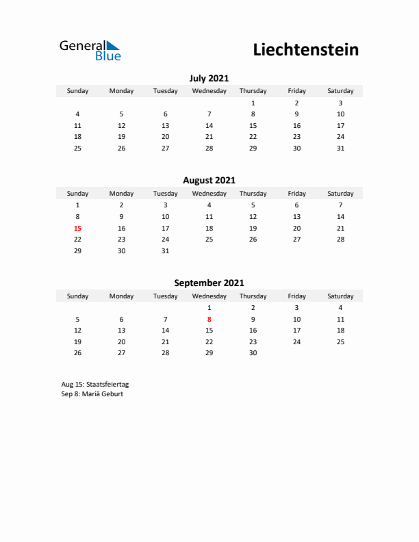 Printable Quarterly Calendar with Notes and Liechtenstein Holidays- Q3 of 2021