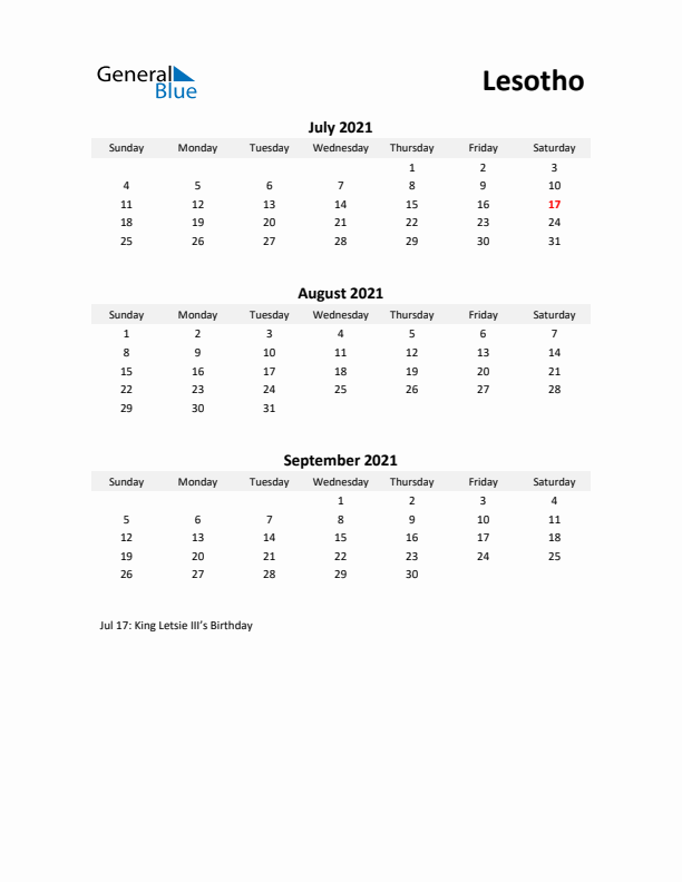 Printable Quarterly Calendar with Notes and Lesotho Holidays- Q3 of 2021