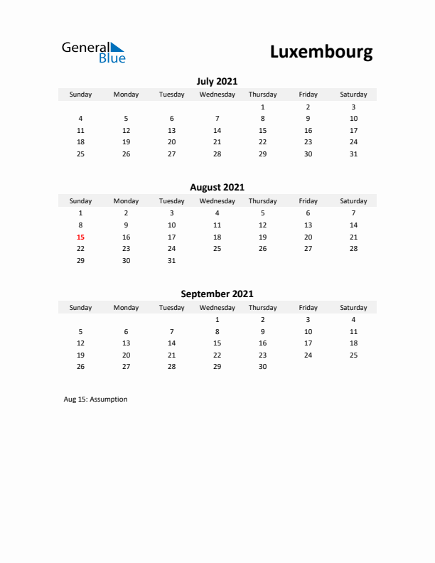 Printable Quarterly Calendar with Notes and Luxembourg Holidays- Q3 of 2021