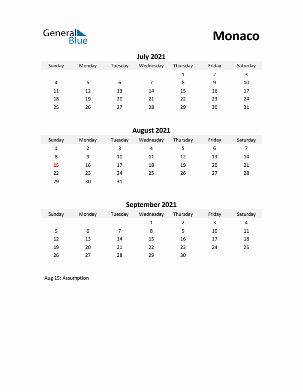 Printable Quarterly Calendar with Notes and Monaco Holidays- Q3 of 2021