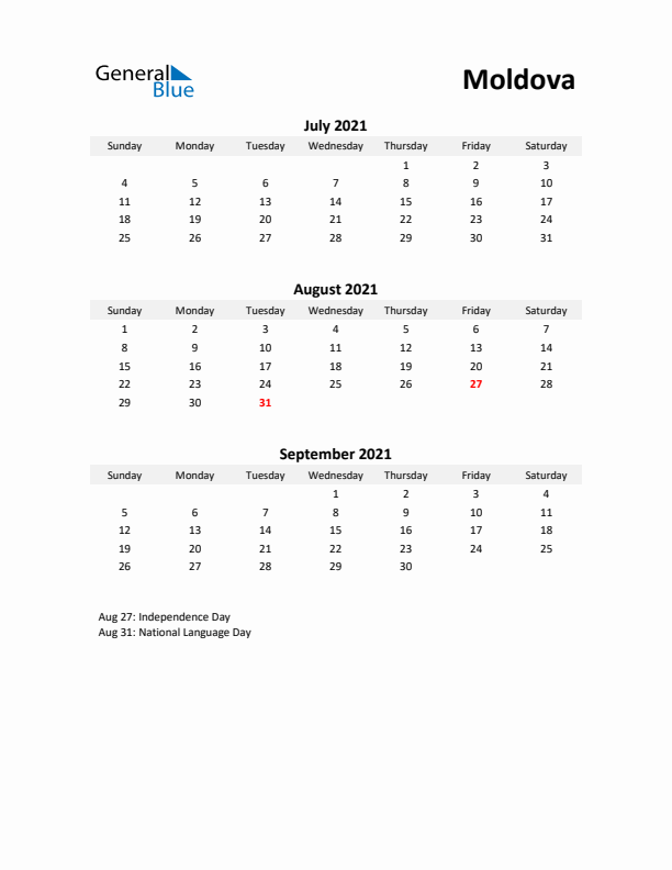 Printable Quarterly Calendar with Notes and Moldova Holidays- Q3 of 2021