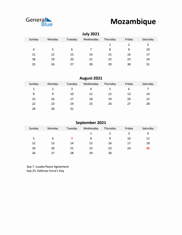 Printable Quarterly Calendar with Notes and Mozambique Holidays- Q3 of 2021