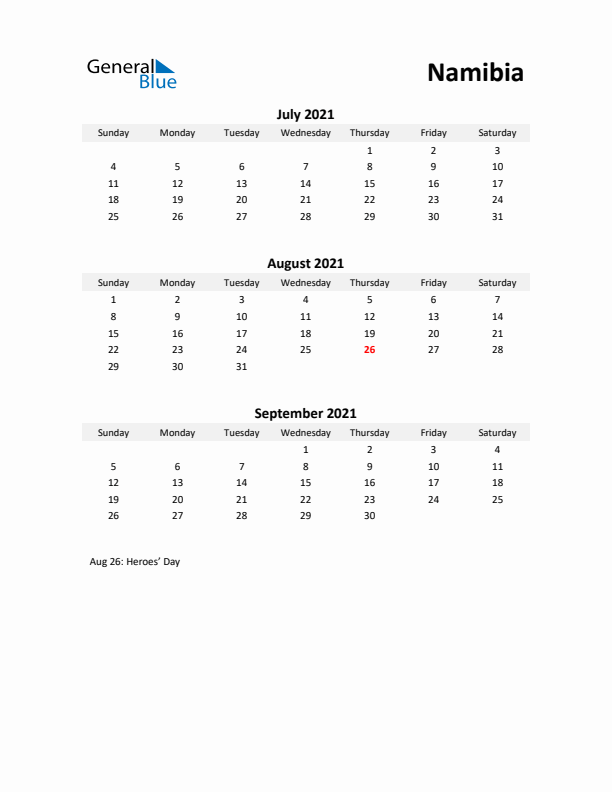 Printable Quarterly Calendar with Notes and Namibia Holidays- Q3 of 2021