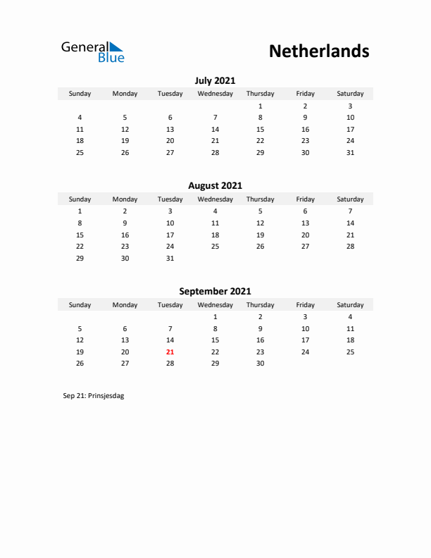 Printable Quarterly Calendar with Notes and The Netherlands Holidays- Q3 of 2021