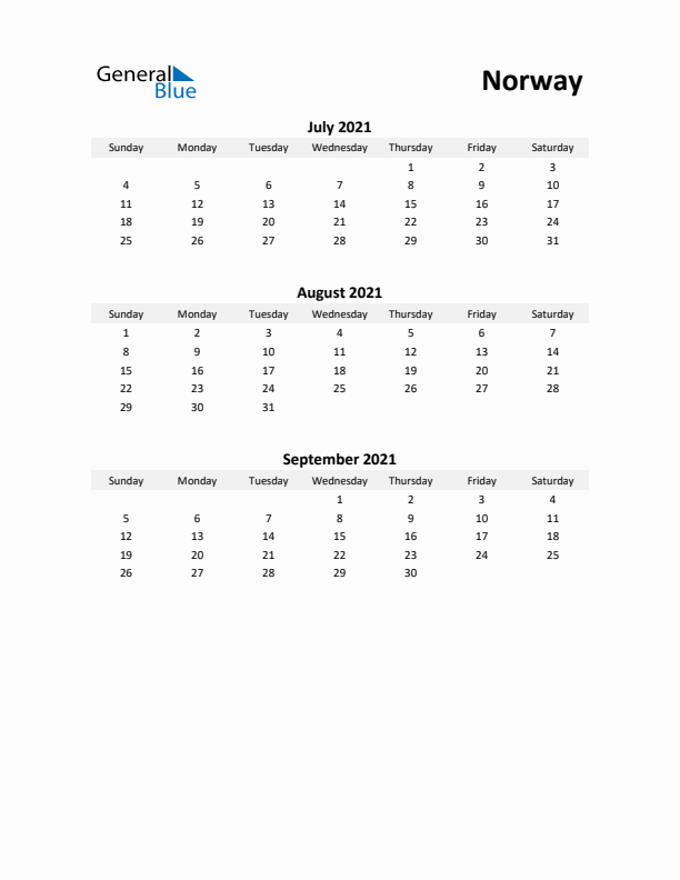 Printable Quarterly Calendar with Notes and Norway Holidays- Q3 of 2021