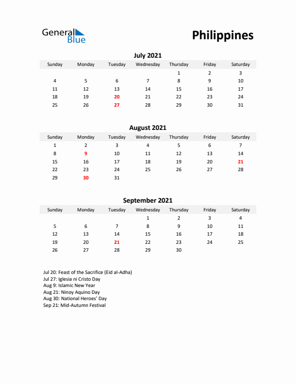 Printable Quarterly Calendar with Notes and Philippines Holidays- Q3 of 2021