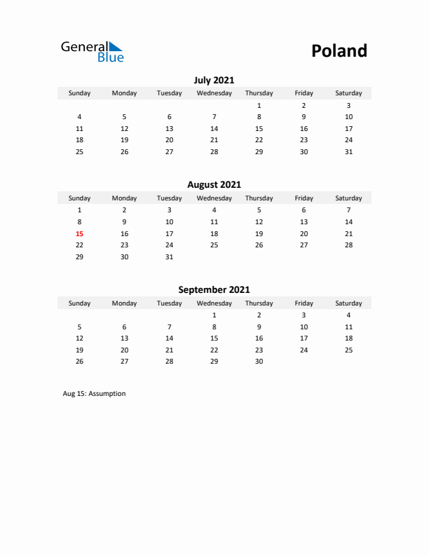 Printable Quarterly Calendar with Notes and Poland Holidays- Q3 of 2021