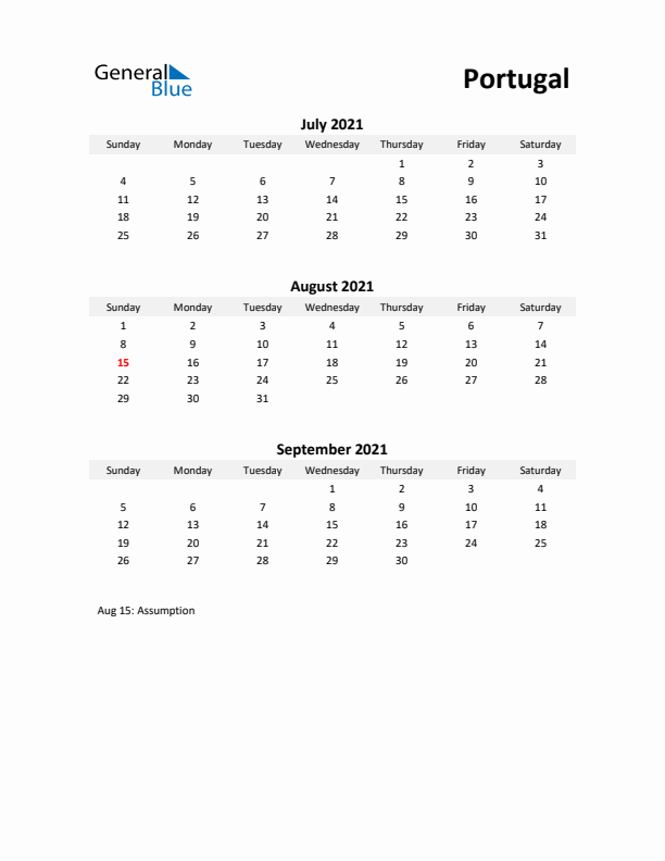 Printable Quarterly Calendar with Notes and Portugal Holidays- Q3 of 2021