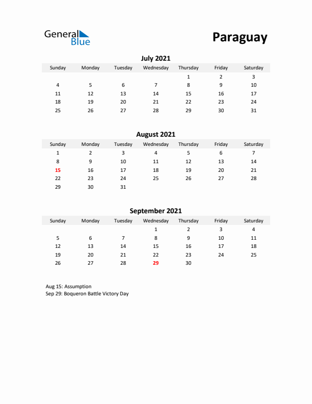 Printable Quarterly Calendar with Notes and Paraguay Holidays- Q3 of 2021