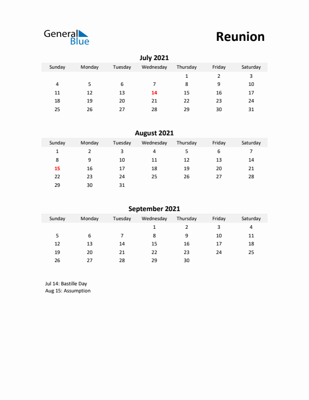 Printable Quarterly Calendar with Notes and Reunion Holidays- Q3 of 2021