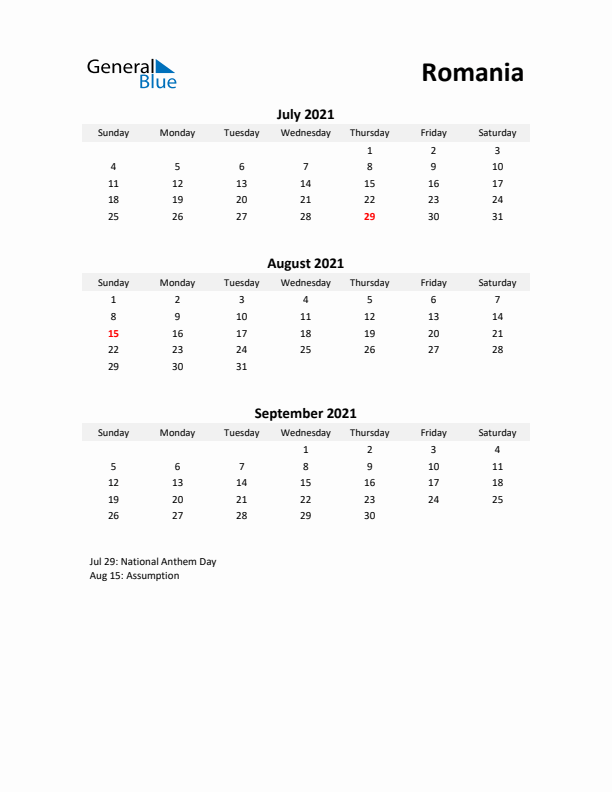 Printable Quarterly Calendar with Notes and Romania Holidays- Q3 of 2021