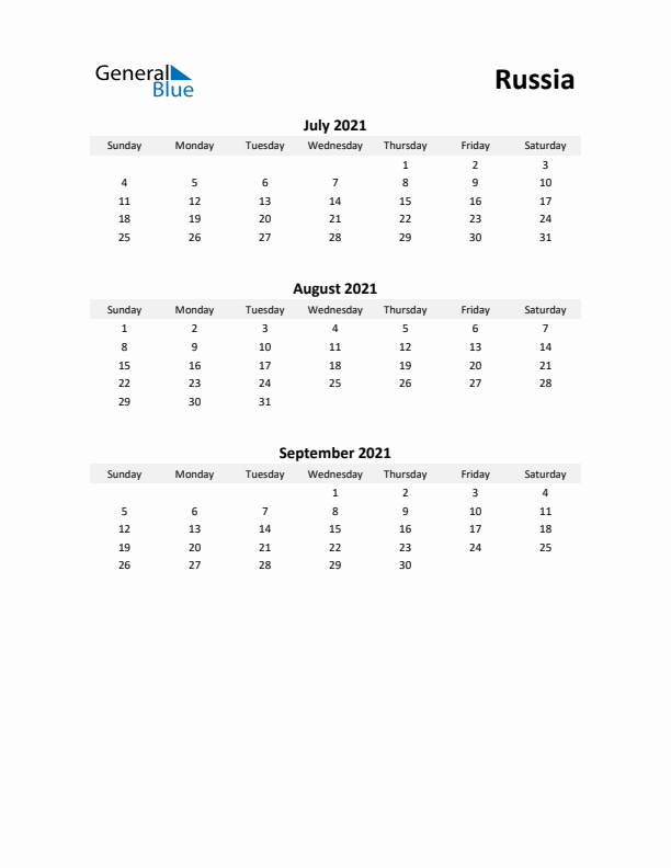 Printable Quarterly Calendar with Notes and Russia Holidays- Q3 of 2021