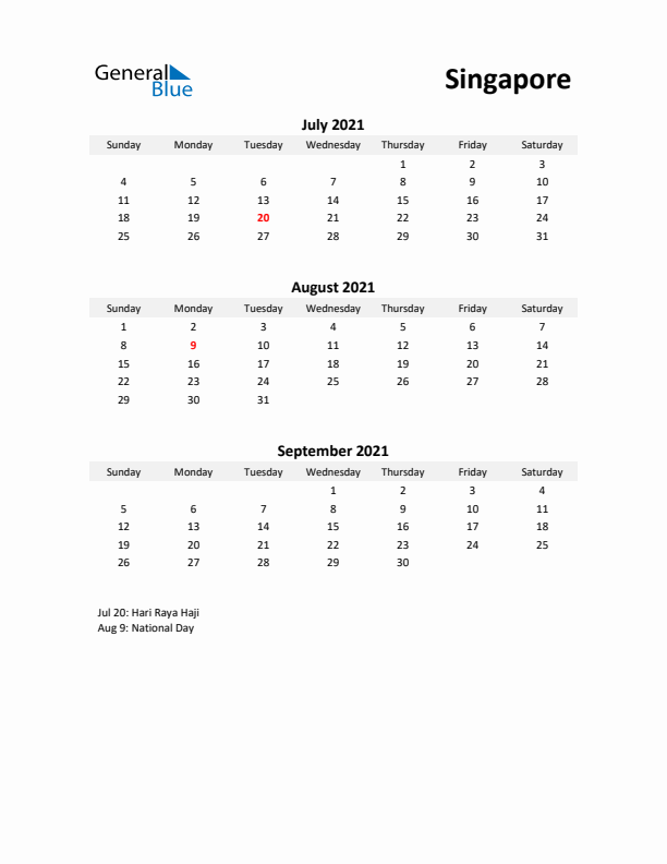 Printable Quarterly Calendar with Notes and Singapore Holidays- Q3 of 2021