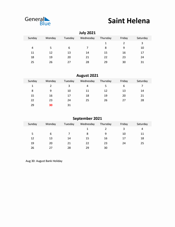 Printable Quarterly Calendar with Notes and Saint Helena Holidays- Q3 of 2021