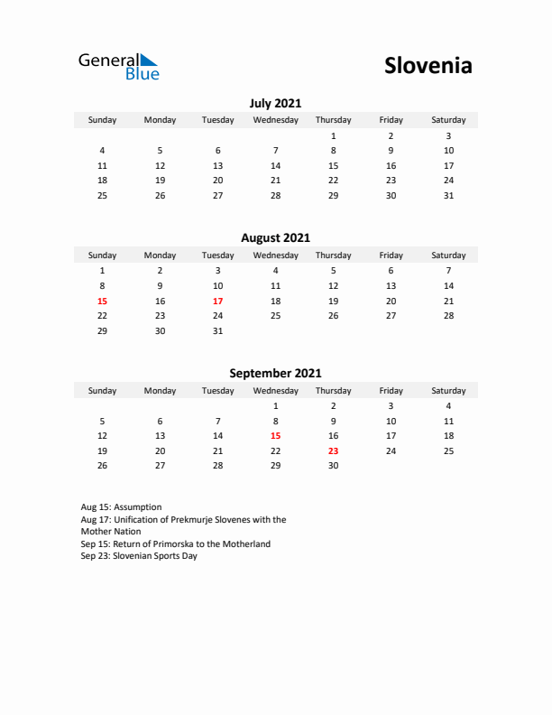 Printable Quarterly Calendar with Notes and Slovenia Holidays- Q3 of 2021